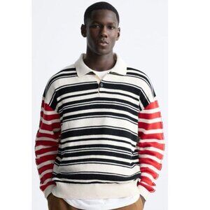 Zara Men's Black/Red/White Knit Striped Quarter Button Sweater - 35545